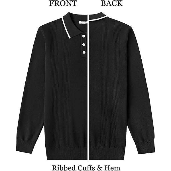 Black Knit Polo Shirt with Contrast Collar (Long-Sleeve)